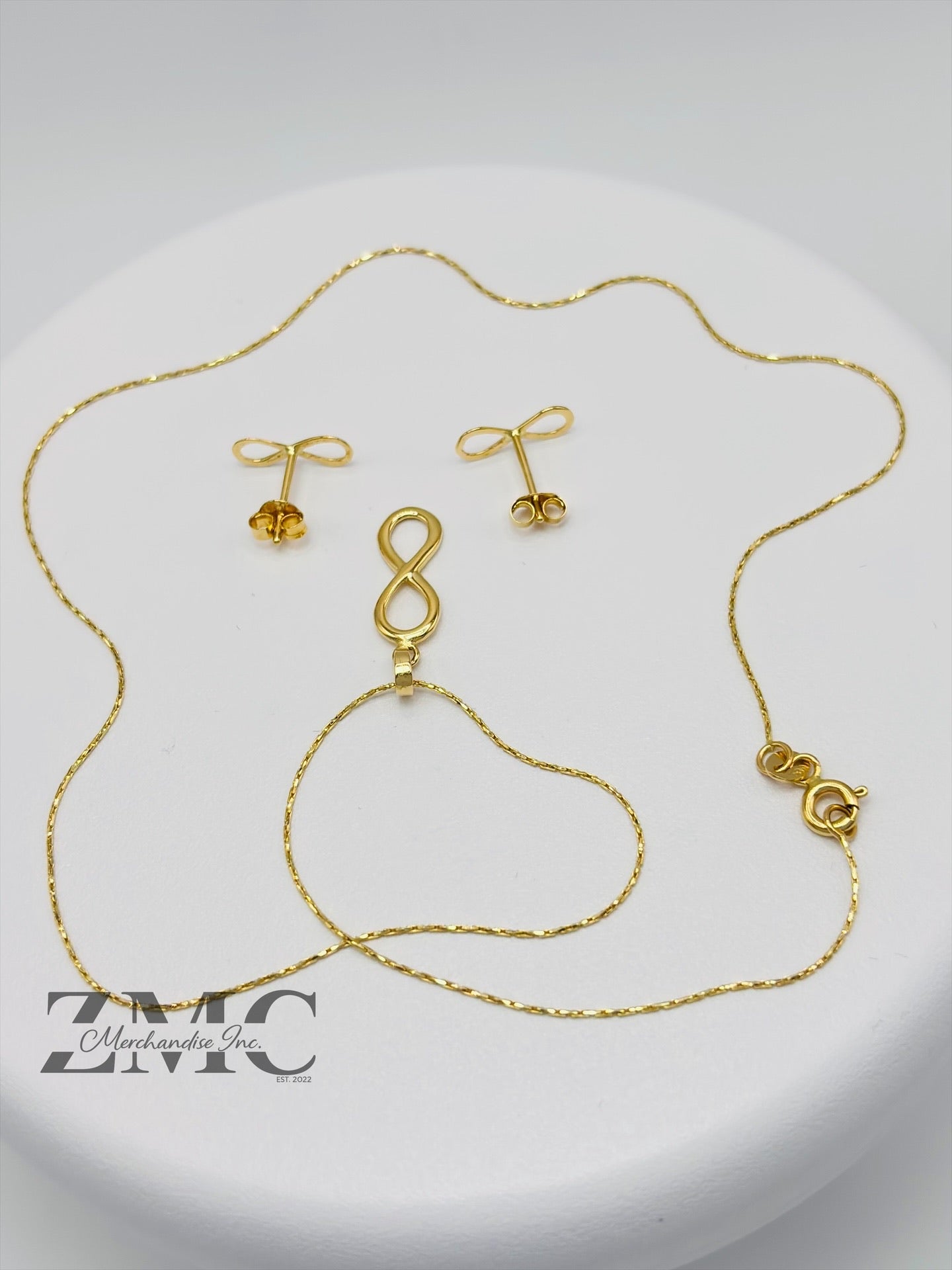 18K Gold Infinity Earrings and Necklace Set