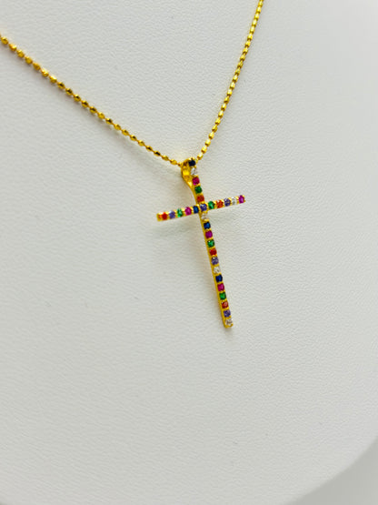 18K Gold Multicolor Cross Necklace