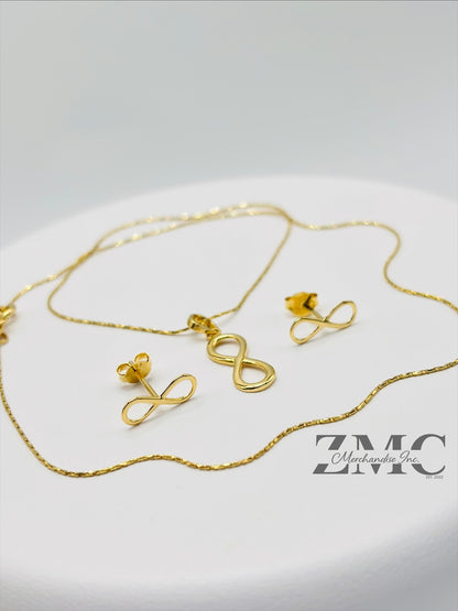 18K Gold Infinity Earrings and Necklace Set