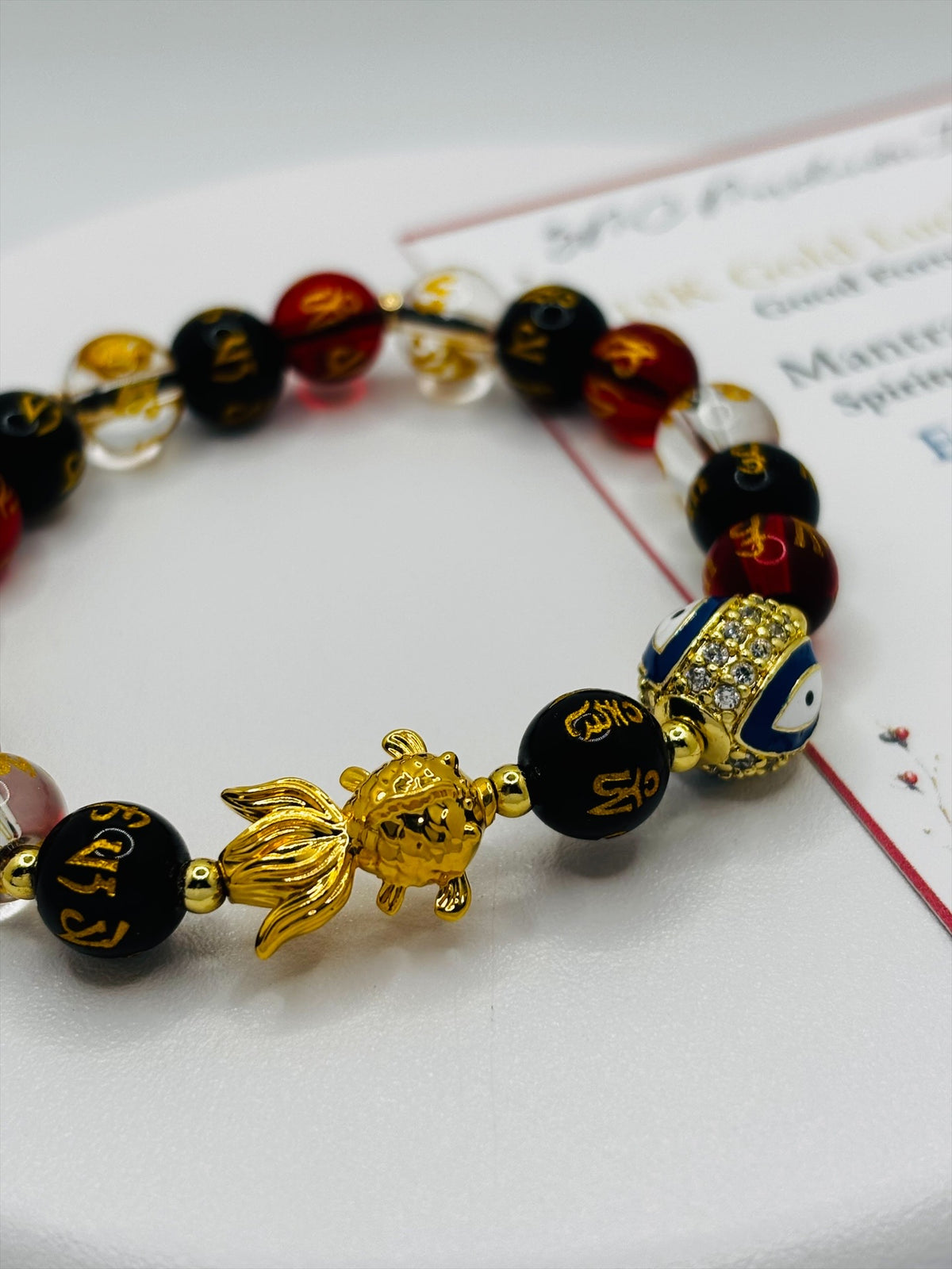 18K Gold Lucky  Koi Fish White/Black/Red Mantra Evil Eye Bracelet  ( Hollow Empty Inside)