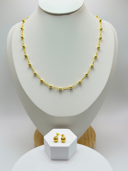 18K Gold Paperclip Diamond Cut Ball Necklace and Earrings Set