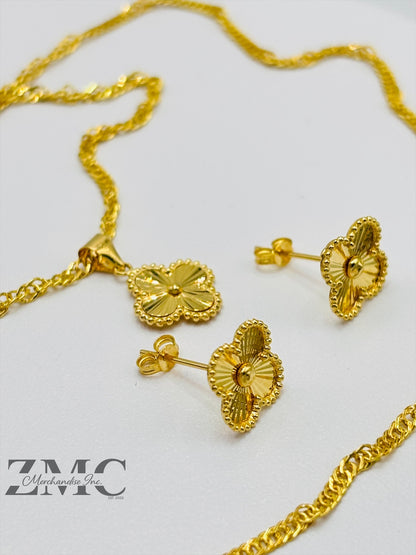 18K Gold Clover Earrings and Necklace Set