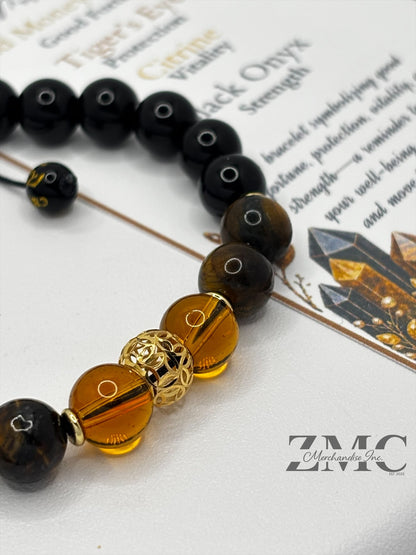 18K Gold  Lucky Money Catcher Ball Citrine, Tiger Eye, Onyx Bracelet  ( Hollow Empty Inside)