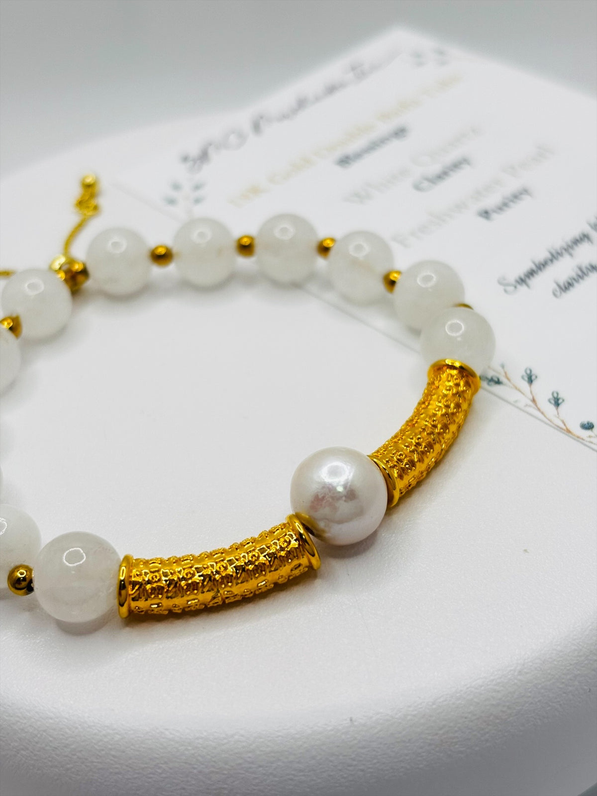 18K Gold Double Lucky Baifu Tube Pearl White Quartz Bracelet  ( Hollow Empty Inside)