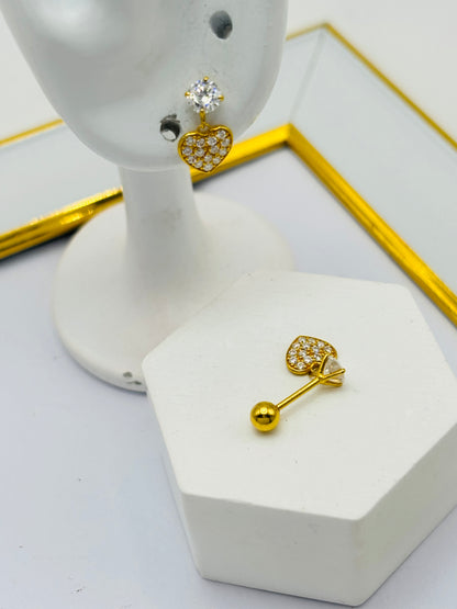 18K Gold Screw Type Heart Dangling Moissanite Diamond Earrings