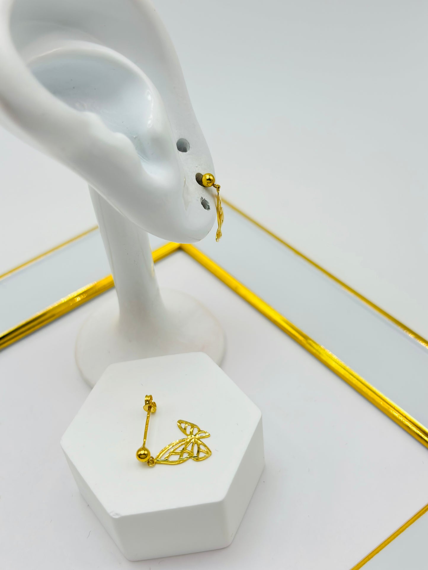 18K Gold Butterfly Stud Dangling Earrings