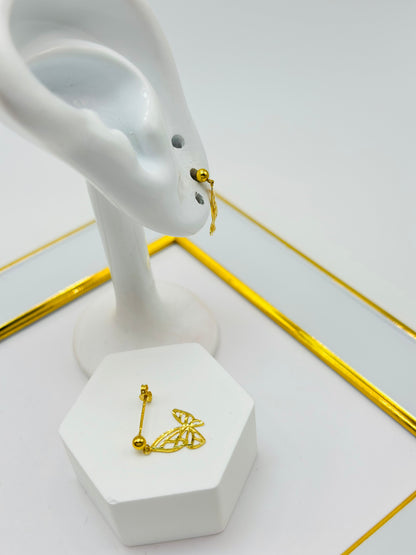 18K Gold Butterfly Stud Dangling Earrings