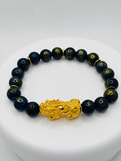 18K Gold Lucky Piyao/ Pi Xiu Dark Blue/Gold Jasper Bracelet( Hollow Empty Inside) XXL PIYAO