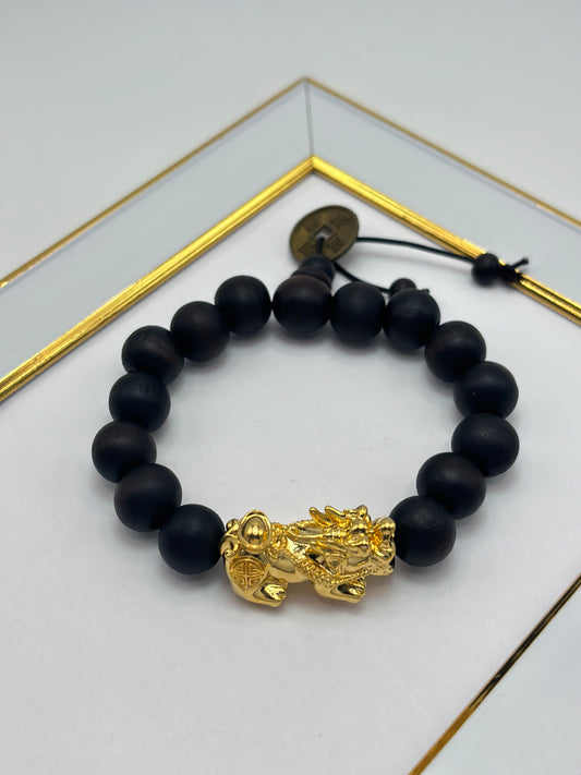 18K Gold  Lucky Piyao/ Pi Xiu Bracelet Dark Wood with Lucky Coin ( Hollow Empty Inside) XXL