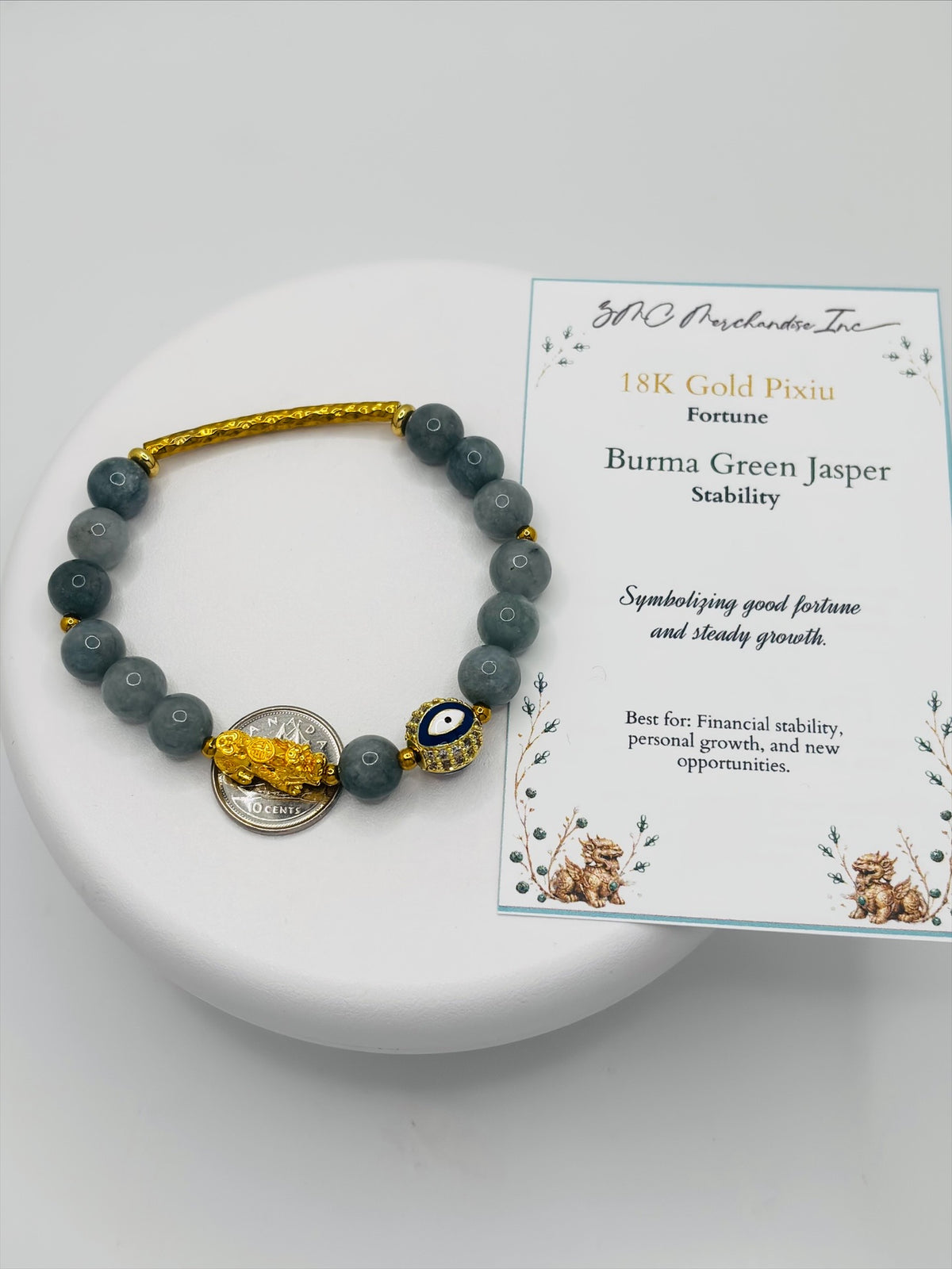 18K Gold Lucky Piyao/ Pi Xiu Burma Green Jasper Evil Eye Bracelet ( Hollow Empty Inside) Medium