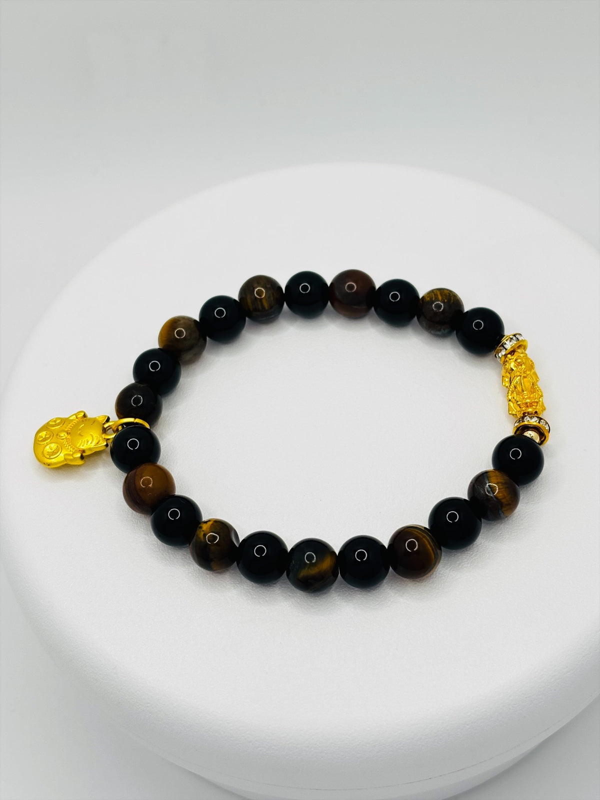 18K Gold Lucky Piyao/ Pi Xiu Obsidian, Tiger Eye Bracelet ( Hollow Empty Inside) SMALL PIYAO