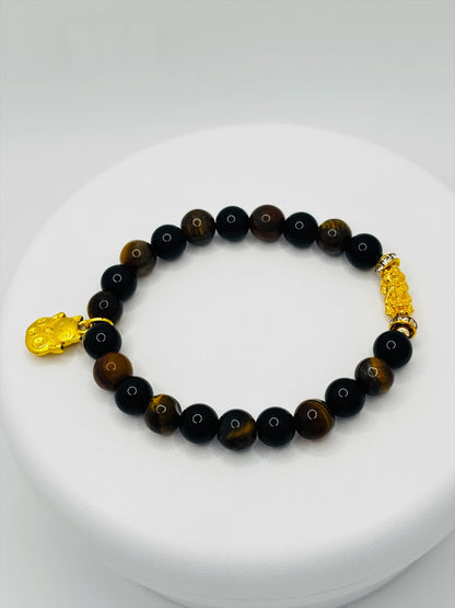 18K Gold Lucky Piyao/ Pi Xiu Obsidian, Tiger Eye Bracelet ( Hollow Empty Inside) SMALL PIYAO