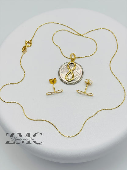 18K Gold Infinity Earrings and Necklace Set