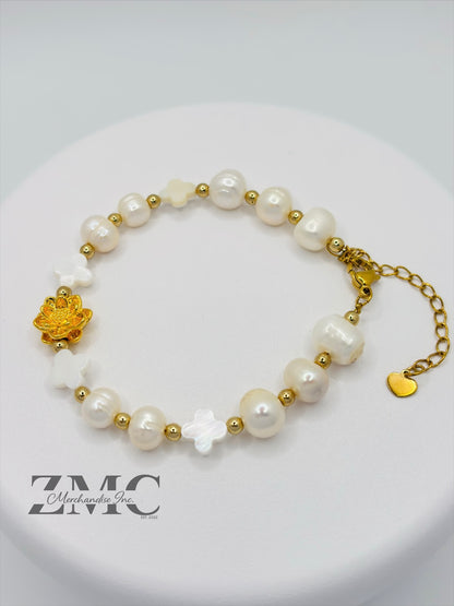 18K Gold Lucky Lotus Flower Bracelet Fresh Water Pearl Stone ( Hollow Empty Inside)