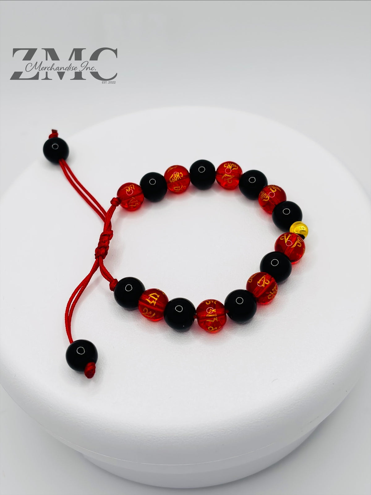 18K Gold Cats Eye Ball Baby/Kids Red Chinese & Black Stone Bracelet
