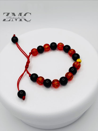 18K Gold Cats Eye Ball Baby/Kids Red Chinese & Black Stone Bracelet