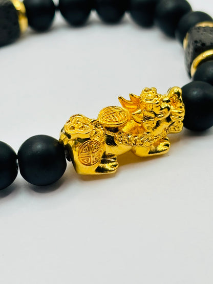 18K Gold  Lucky Piyao/ Pi Xiu Square Lava and Black Agate Stone ( Hollow Empty Inside) Extra Large Size
