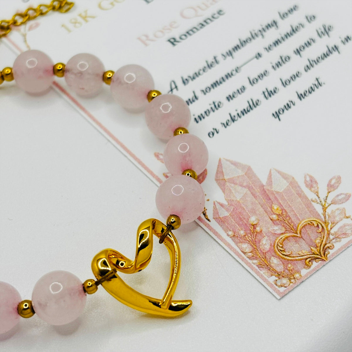 18K Gold Open Heart Rose Quartz Bracelet (Electroform Heart)