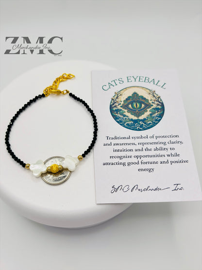 18K Gold Cats Eye Ball with Black Spinel Stone & Four Leaf Fresh Water Pearl