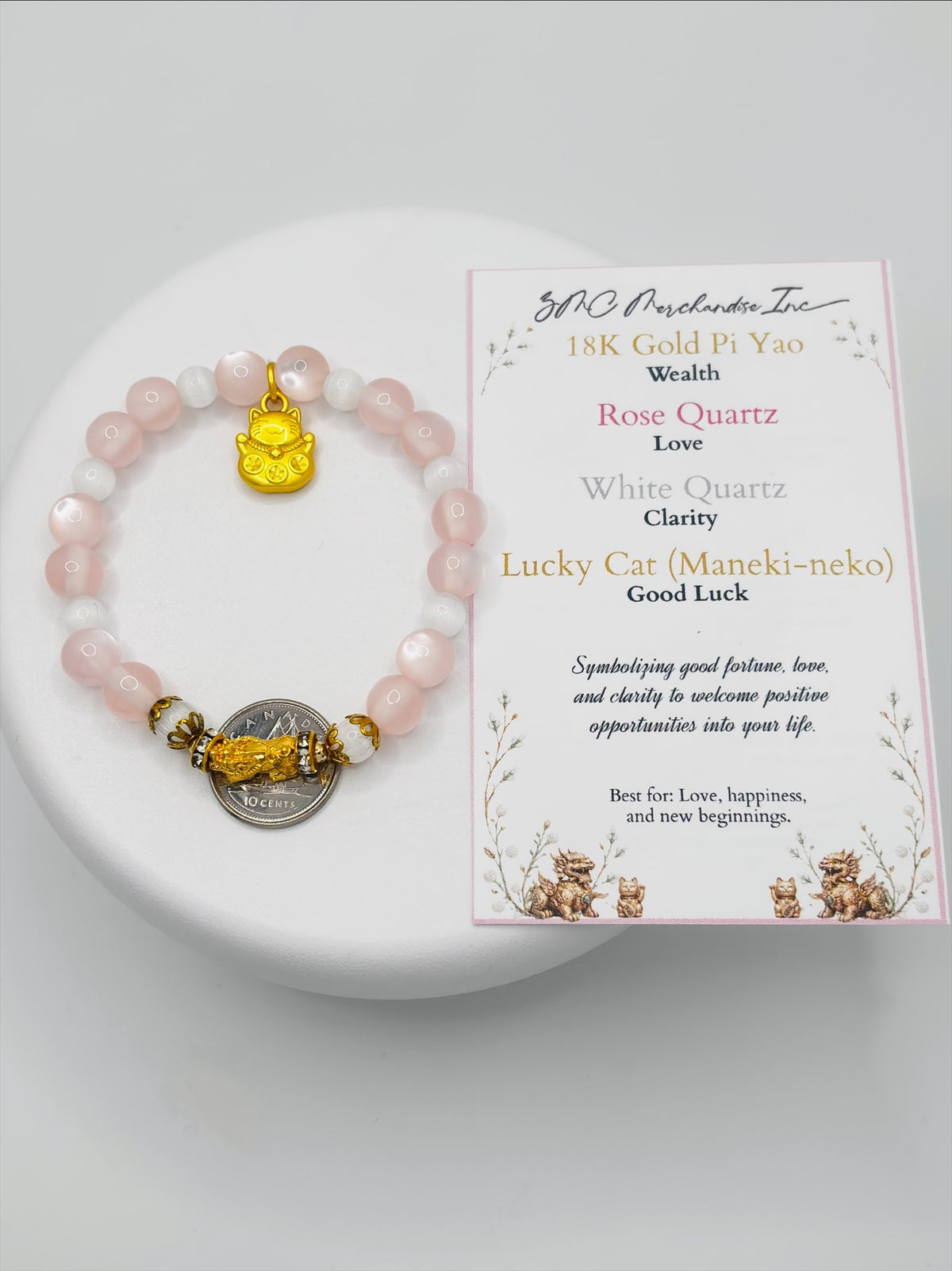 18K Gold Lucky Piyao/ Pi Xiu Rose, White Quartz Bracelet ( Hollow Empty Inside) SMALL PIYAO