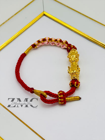 18K Gold Lucky Dragon Bracelet Red String ( Hollow Empty Inside) XXL