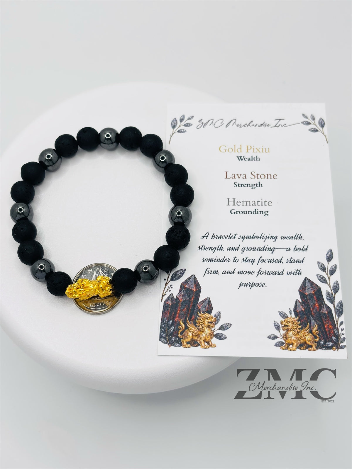 18K Gold Lucky Piyao/ Pi Xiu Blue Lava, Hematite Bracelet ( Hollow Empty Inside) Medium