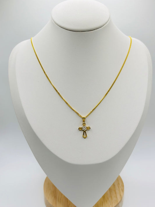 18K Gold Curb Chain with Cross Flower Pendant Set
