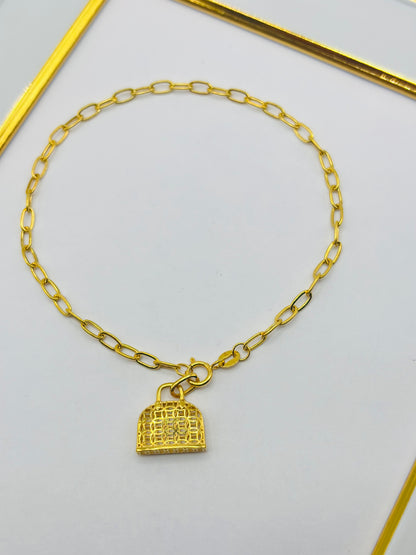 18K Gold Small Link Paperclip Bracelet with Money  Catcher Bag Charm Set