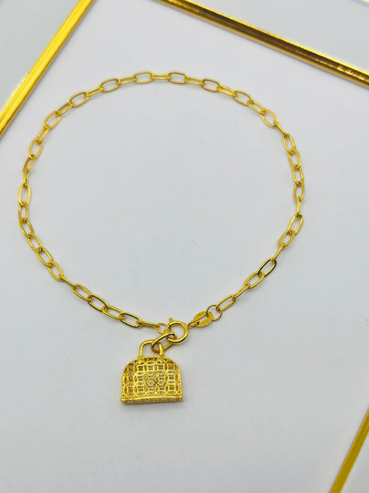 18K Gold Small Link Paperclip Bracelet with Money  Catcher Bag Charm Set