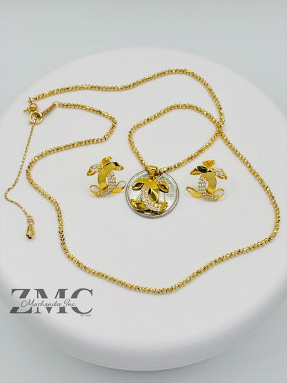 18K Gold C Earrings and Necklace Set