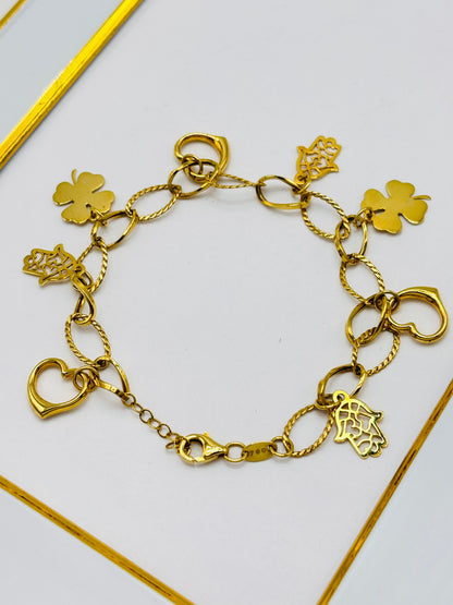 18K Gold with Hamsa, Clover and, Heart Charm Bracelet