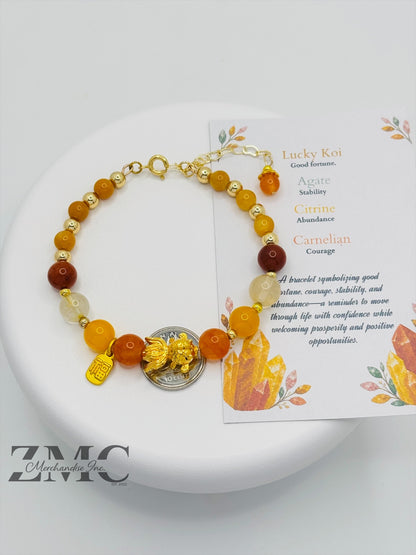 18K Gold Lucky Koi Fish Bracelet Agate, Citrine, Carnelian Stone ( Hollow Empty Inside)
