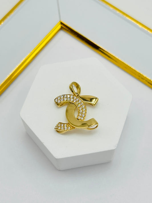 18K Gold C Pendant with Stone