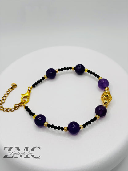 18K Gold  Lucky Money Catcher Ball Amethyst Black Spinel Stone  ( Hollow Empty Inside)