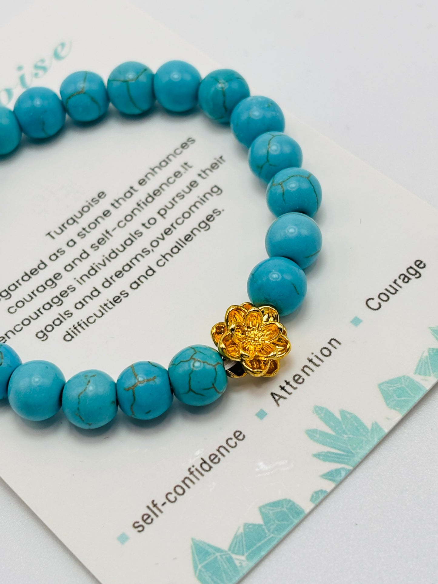 18K Gold Lucky Lotus Flower Bracelet Turquoise Stone ( Hollow Empty Inside)