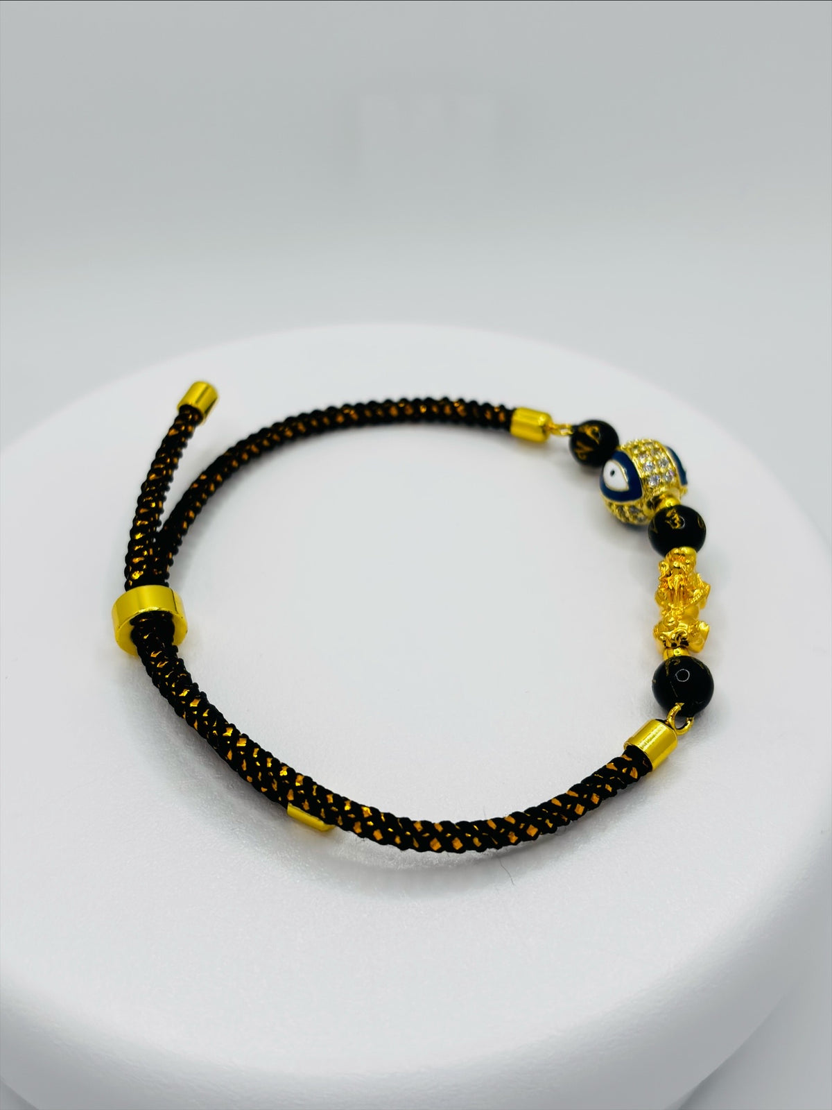 18K Gold Lucky Piyao/ Pi Xiu Evil Eye Black Mantra String Bracelet ( Hollow Empty Inside) Small
