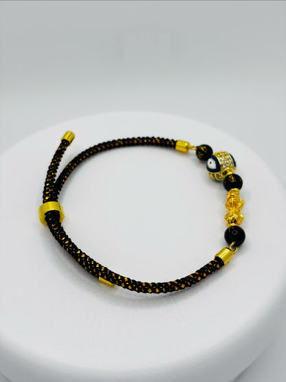 18K Gold Lucky Piyao/ Pi Xiu Evil Eye Black Mantra String Bracelet ( Hollow Empty Inside) Small