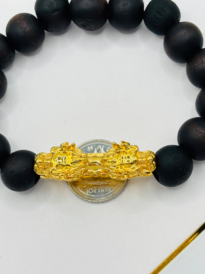 18K Gold Lucky Dragon Wood Stone ( Hollow Empty Inside) XXL