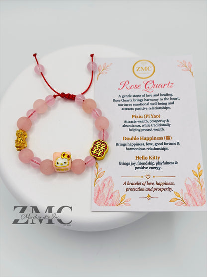 18K Gold  Lucky Piyao/ Pi Xiu Rose Quartz Matte Stone HK Kids Bracelet  ( Hollow Empty Inside) Small