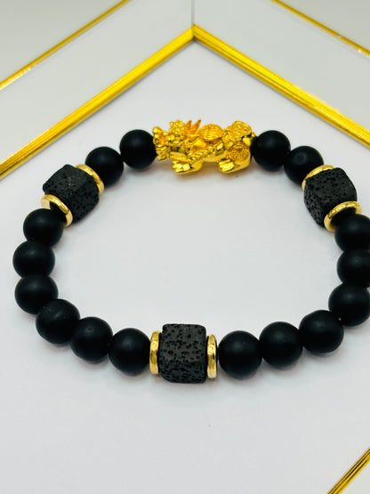 18K Gold  Lucky Piyao/ Pi Xiu Square Lava and Black Agate Stone ( Hollow Empty Inside) Extra Large Size