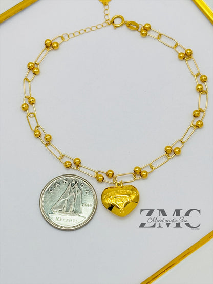 18K Gold Micro Hardware with Heart Charm Bracelet