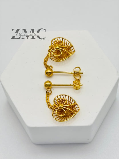 18K Gold Heart Dangling Earrings