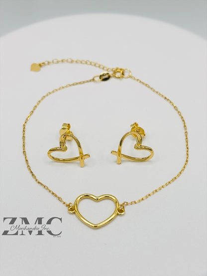 18K Gold Open Heart Earrings and Bracelet Set
