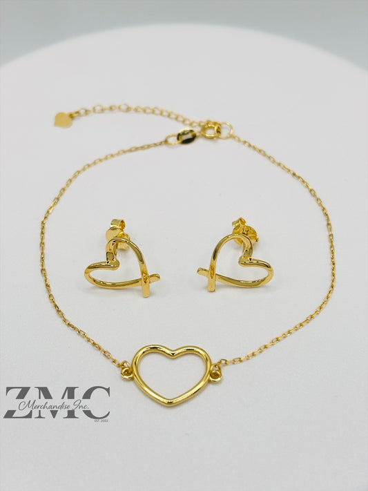 18K Gold Open Heart Earrings and Bracelet Set