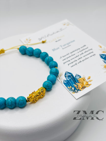 18K Gold Lucky Piyao/ Pi Xiu Blue Turquoise Bracelet ( Hollow Empty Inside) Medium