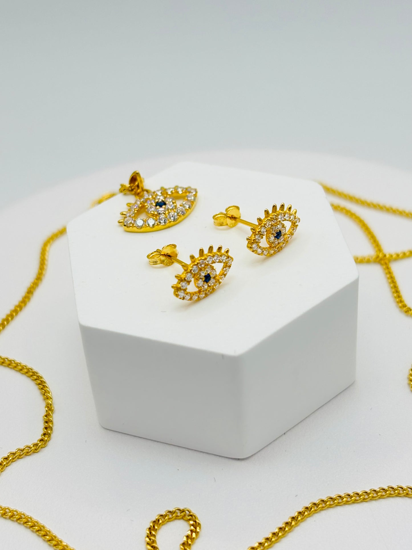 18K Gold Evil Eye Earrings and Necklace Set