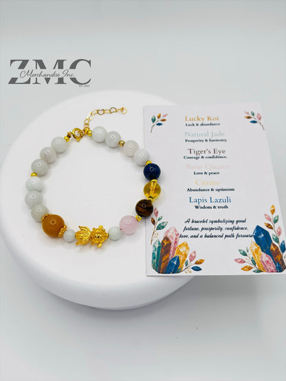 18K Gold Lucky Koi Fish Bracelet Mix Lucky Stone ( Hollow Empty Inside)