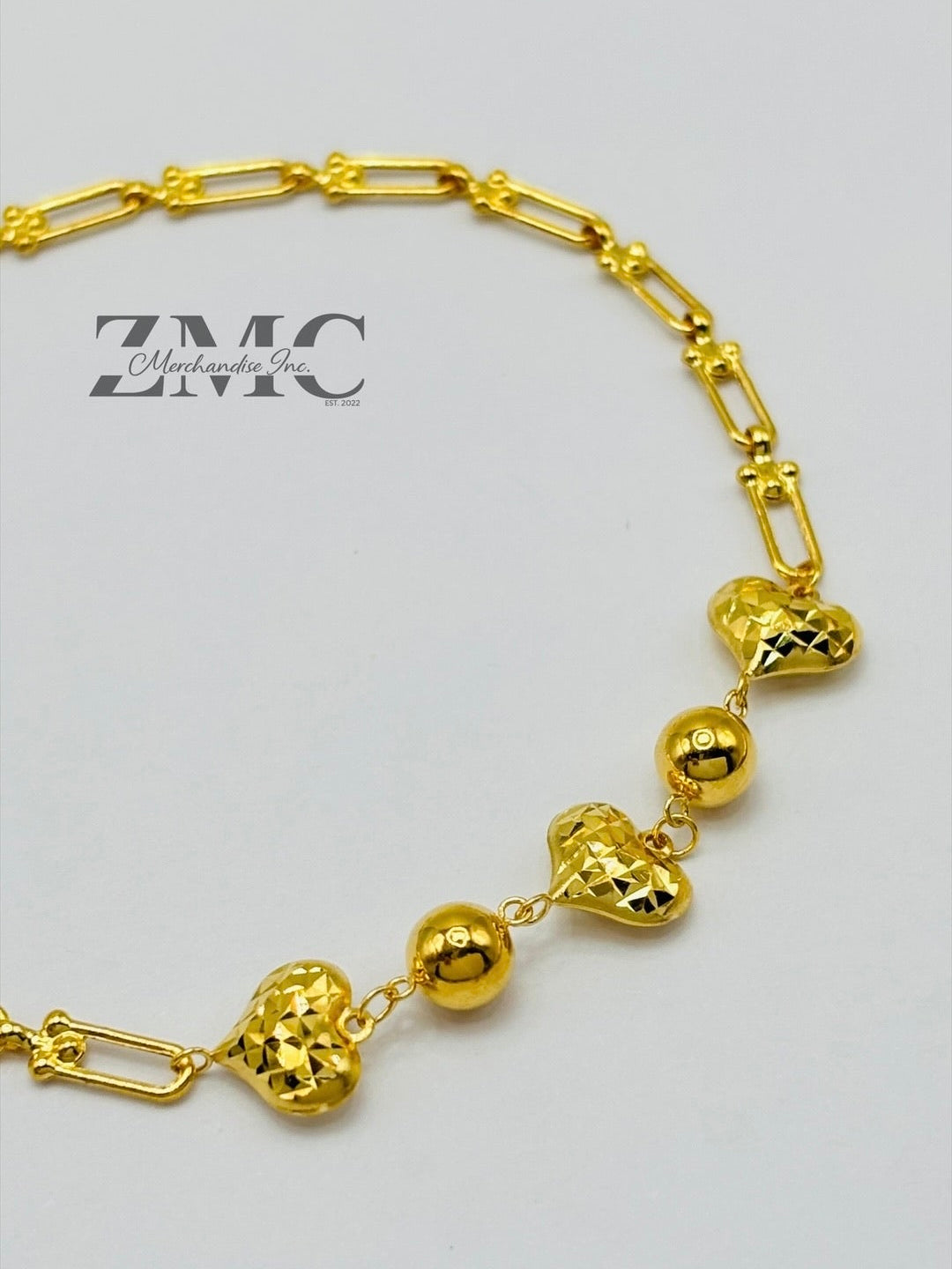 18K Gold Heart and Ball Diamond Cut Flat Hardware Bracelet