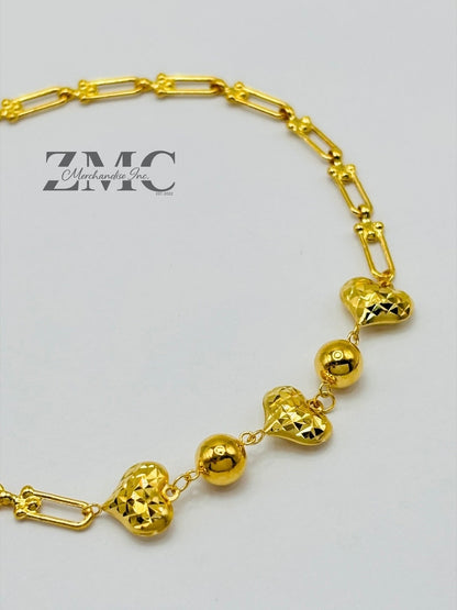 18K Gold Heart and Ball Diamond Cut Flat Hardware Bracelet