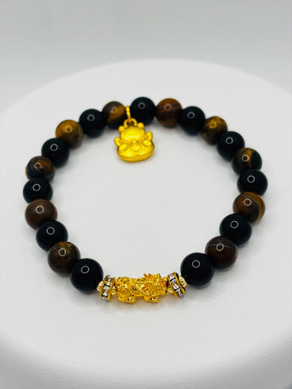 18K Gold Lucky Piyao/ Pi Xiu Obsidian, Tiger Eye Bracelet ( Hollow Empty Inside) SMALL PIYAO